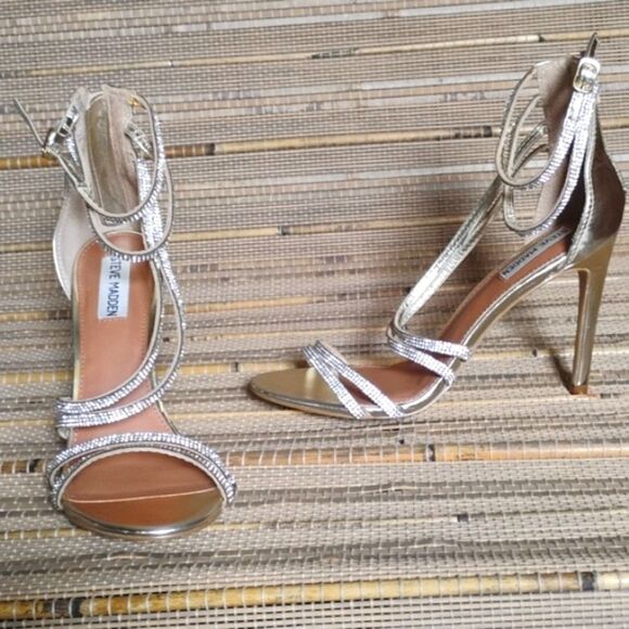 Steve Madden Fiffi Rhinestone Open Toe Back Zip Stiletto Strappy Sandals 8.5 - Picture 1 of 14